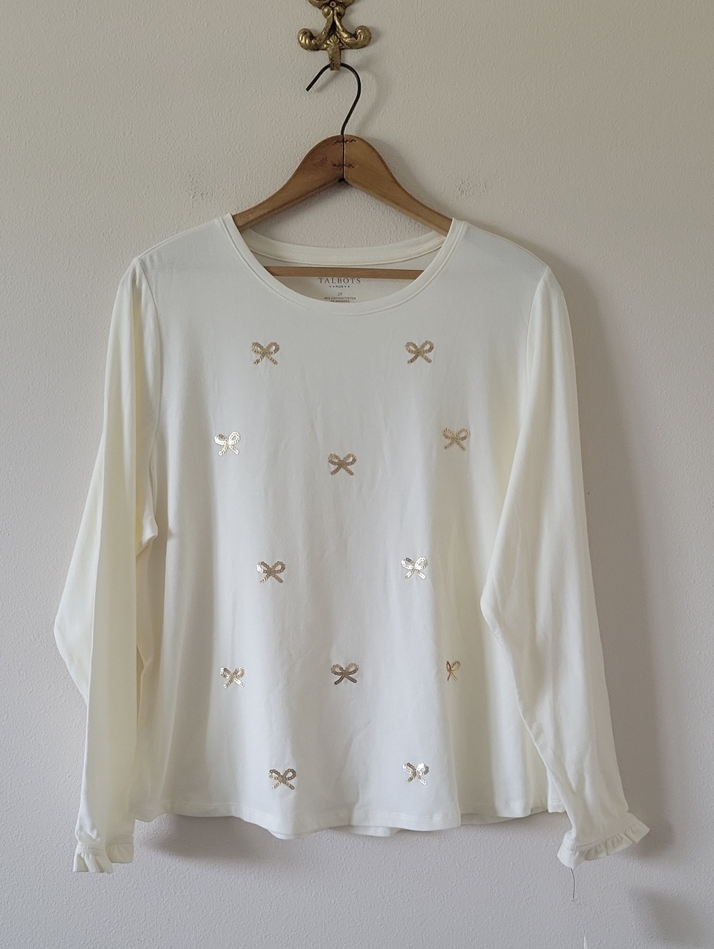 NWT Talbots Cream Gold Sequin Bow Long Sleeve Tee‎ Size 2X
